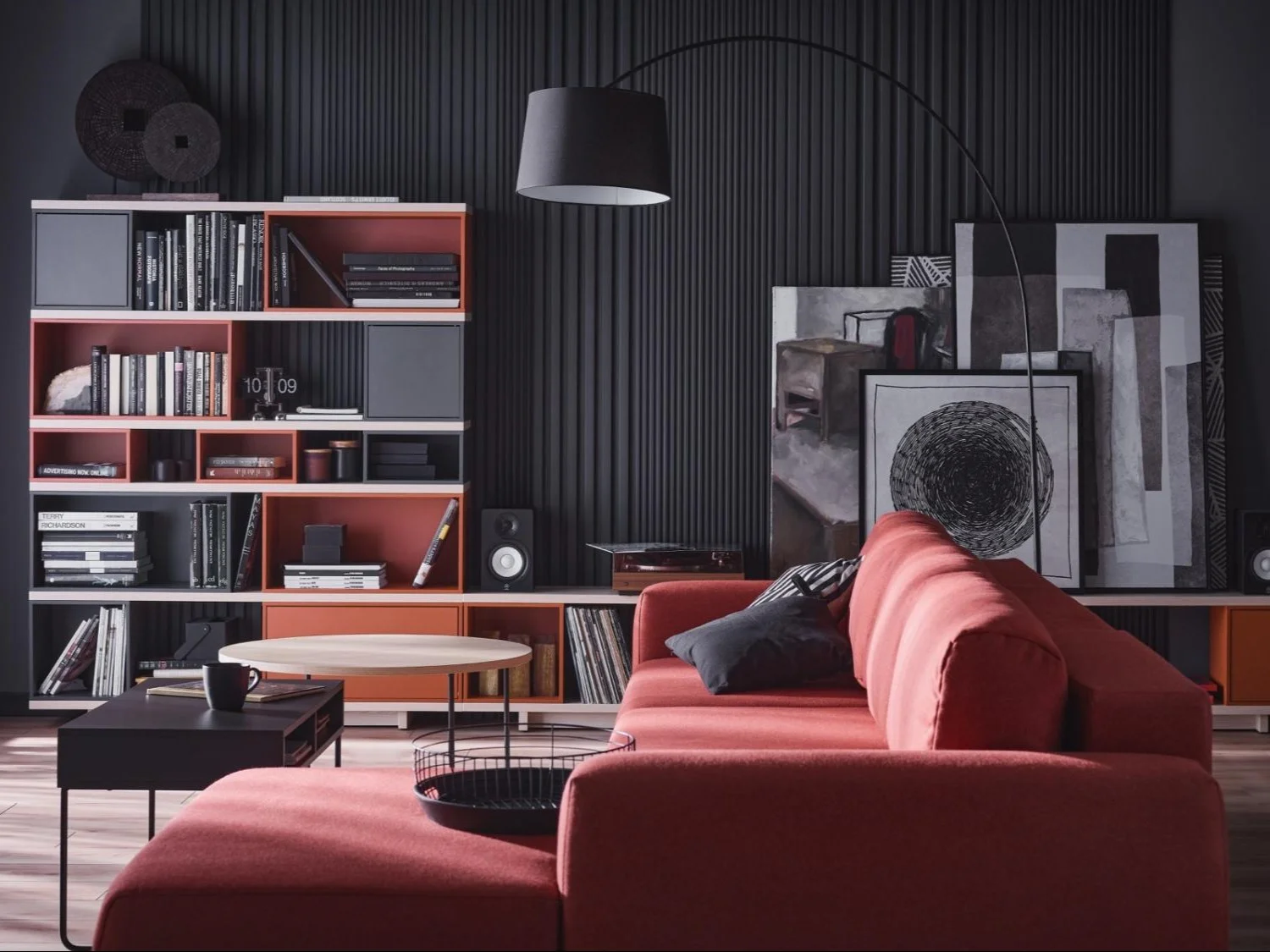  Czarno-czerwony salon w nowoczesnym stylu